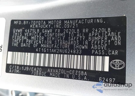 2022 Toyota Camry Se z USA, uszkodzony, nr VIN 4T1G11AK2NU624833